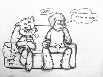 anthro aroused aroused_by_another blush bodily_fluids bulge clothing dialogue duo erection erection_under_clothing fart fart_cloud fart_fetish furniture hand_on_mouth male male/male narrowed_eyes relieved sofa squint straining sweat bounceeed bird_dog canid canine canis domestic_dog golden_retriever hunting_dog mammal retriever shiba_inu spitz absurd_res hi_res monochrome
