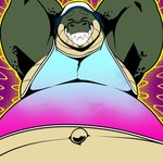 anthro belly bucket_hat clothing eyes_closed gradient_background grin hands_behind_head male navel overweight overweight_anthro overweight_male pecs sharp_teeth shirt simple_background smile solo tank_top teeth topwear wildside alligator alligatorid crocodilian reptile scalie 1:1 2023