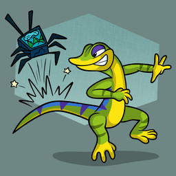 3_toes 4_fingers ambiguous_gender antennae_(anatomy) anthro arms_bent attack bent_legs black_eyes blue_antennae blue_markings duo electronics feet fingers furrowed_eyebrows green_body green_markings green_skin green_tail green_teeth long_neck long_tail looking_at_another machine male markings midair motion_lines multicolored_body multicolored_skin multicolored_tail nude_anthro nude_male purple_eyelids purple_markings screen screen_face sharp_teeth simple_background smile smiling_at_another star_(shape) tail tail_markings tailbutt tapering_tail teeth television thick_tail toes toothy_grin wide_crotch x_eyes yellow_body yellow_fingers yellow_skin crispytoastyt gex_(series) gex_the_gecko arthropod crustacean gecko lizard reptile rezling robot scalie 1:1 2025 cel_shading colored digital_drawing_(artwork) digital_media_(artwork) english_description hi_res shaded