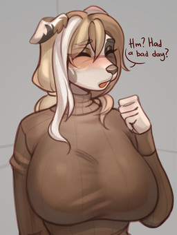 anthro big_breasts biped breasts clothed clothing dialogue eyebrows eyes_closed female fingers grey_background hair huge_breasts question_mark simple_background solo speech_bubble standing sweater text topwear white_body hyattlen canid canine canis domestic_dog mammal 2025 3:4 hi_res