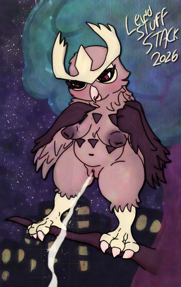 anthro beak belly big_breasts blush bodily_fluids branch breasts brown_body brown_feathers brown_nipples building city clitoris eyelashes feathers feet female fluffy genital_fluids genitals looking_down night nipples nude open_mouth outside peeing plant sky solo standing star steam talons thick_thighs toes tree tuft urine vulva watersports wings lewdstuffstack nintendo pokemon avian bird generation_2_pokemon noctowl pokemon_(species) 2026 digital_media_(artwork) hi_res