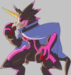 anthro balls belt black_body black_sclera cape claws clothing flaccid foreskin genitals glowing glowing_eyes horn male penis sharp_teeth solo teeth heibanhikaru sveemon bandai_namco digimon digimon_ghost_game digimon_(species) gulusgammamon absurd_res artist_collaboration hi_res