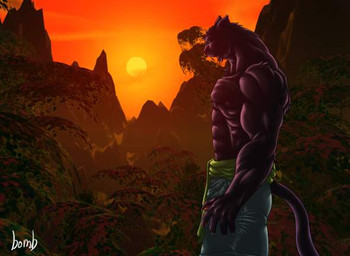 3d_background abs anthro biceps biped black_body black_fur clothed clothing fur male melanistic muscular muscular_anthro muscular_male outside pecs side_view solo standing sun tail toony topless bomb_(artist) felid mammal pantherine