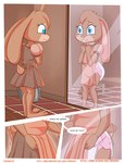 anthro apron blue_eyes brown_body brown_clothing brown_fur clothed clothing costume daydream diaper exposed_diaper female fur inner_monologue inside mirror pink_outfit solo text thinking wearing_diaper paddedulf lagomorph leporid mammal rabbit comic url