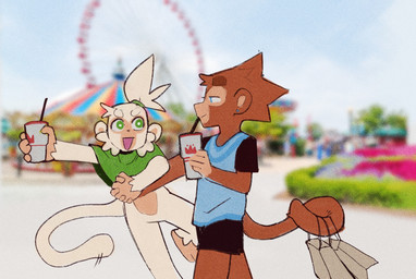 anthro biped blurred_background bottomless brown_body brown_fur brown_tail closed_smile clothed clothing detailed_background duo featureless_crotch fingers fur green_body hand_holding male mouth_closed open_mouth open_smile smile standing tail topear white_body white_fur white_tail sincastermon bloons_tower_defense ninja_kiwi druid_(bloons) strych_(sincastermon) vanilla_(sincastermon) haplorhine mammal monkey primate hi_res