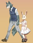 anthro black_nose bow_tie clothing dress female footwear fur grey_body grey_fur hand_holding looking_at_another male red_eyes shoes smile walking white_body white_fur bleedman beastars haru_(beastars) legoshi_(beastars) canid canine canis domestic_rabbit dwarf_rabbit lagomorph leporid mammal oryctolagus rabbit wolf hi_res unavailable_at_source