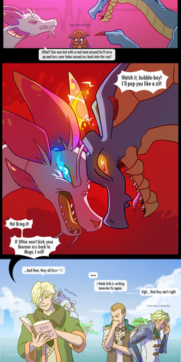 angry annoyed blush dialogue electricity embarrassed feral flirting glowing glowing_eyes group headbutt humor male male/male profanity semi-anthro text trio sb_torchic capcom monster_hunter athos_(monster_hunter_wilds) erik_(monster_hunter) olivia_(monster_hunter) werner_(monster_hunter) domestic_cat felid feline felis felyne human lagiacrus leviathan_(mh) lynian mammal mizutsune uth_duna absurd_res comic english_text hi_res
