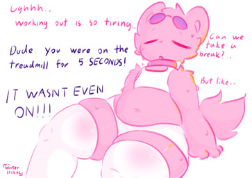 anthro bodily_fluids collar eyewear femboy male sitting slightly_chubby slightly_chubby_anthro slightly_chubby_male solo sunglasses sweat sweatdrop text thick_thighs tired bunymarch42 winteriris42 fritz_(winteriris42) domestic_cat felid feline felis mammal 2025 absurd_res english_text hi_res