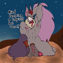 abs accessory anthro balls bedroom_eyes big_balls big_penis biped black_text brown_facial_hair brown_finger_claws brown_goatee brown_hair brown_nose brown_toe_claws brown_wings cheek_tuft claws cock_ring darkened_balls darkened_genitalia darkened_penis dialogue elbow_titfuck facial_hair facial_tuft flaccid foreskin fur genitals glance goatee green_sclera grey_body grey_fur grin grinning_at_viewer hair hand_behind_head humanoid_genitalia humanoid_penis jewelry kneeling long_tongue looking_at_viewer male membrane_(anatomy) membranous_wings multicolored_body multicolored_fur muscular muscular_anthro muscular_male narrowed_eyes navel neck_tuft nest night nipples nude outdoor_nudity outside pecs penis penis_accessory penis_jewelry pink_foreskin pink_inner_ear pink_nipples pink_vein plant pointy_tongue requesting ribs seductive sky smile smiling_at_viewer smirk smirking_at_viewer solo star starry_sky talking_to_viewer tan_body tan_fur tasteful_nudity text thick_arms thick_thighs toe_claws tongue tongue_out tree tuft two_tone_body two_tone_fur vein veiny_penis wide_hips winged_arms wings rickityrabbit silverwing_(series) goth_(character) bat mammal 1:1 2025 colored digital_drawing_(artwork) digital_media_(artwork) english_text flat_colors