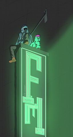 ambiguous_feral ambiguous_gender ambiguous_human biped black_bottomwear black_clothing black_pants blue_clothing blue_topwear bottomwear clothed clothed_human clothing duo feral footwear fully_clothed fur green_light hair high_place hooves neon_sign pants pink_hair quadruped shoes sign sitting teal_body teal_fur topwear young young_ambiguous young_feral carpdime fluffy_pony fluffy_pony_(species) human mammal digital_media_(artwork) green_theme shaded