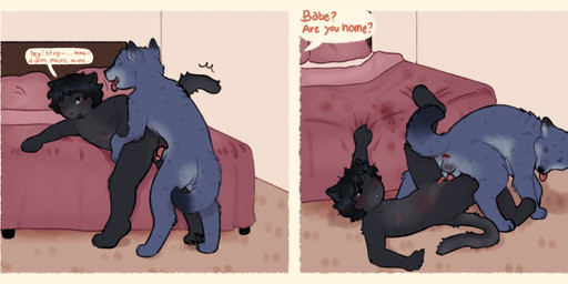 abdominal_bulge all_fours ambiguous_bulge andromorph andromorph/male animal_genitalia animal_penis anthro anthro_on_feral anthro_penetrated anus bestiality blush blush_lines canine_genitalia canine_penis clitoral_hood dipstick_ears dipstick_tail doggystyle duo ear_markings emanata eyes_closed feral feral_penetrating forced from_behind_position genitals grabbing_sheets intersex intersex/male looking_at_another looking_at_partner lying male markings mastectomy_scar multicolored_ears narrowed_eyebrows on_back one_eye_closed open_mouth penetration penile penile_penetration penis penis_in_vagina rape scar sex speech_bubble tail tail_markings text tongue tongue_out vaginal vaginal_penetration wangsgraveyard aspen_(hazelauden) canid canine canis domestic_cat domestic_dog felid feline felis mammal absurd_res english_text hi_res