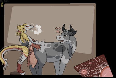 anthro anthro_on_feral anthro_penetrating anthro_penetrating_feral bestiality bestiality_impregnation bodily_fluids cum cum_inside dividing_ovum duo female female_feral feral feral_penetrated genital_fluids genitals impregnation interspecies interspecies_impregnation larger_female larger_feral larger_penetrated looking_back looking_pleasured male male/female male_on_feral male_penetrating_feral orgasm_face ovum penetration pubes sex size_difference sperm_cell teats udders vaginal vaginal_penetration vulva mustard_(welcometothevoid) swiss_(mustard) bovid bovine cattle mammal sergal digital_media_(artwork) pixel_(artwork)