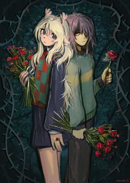 ambiguous_gender ambiguous_human anthro antlers blonde_hair bottomwear bouquet brown_body brown_eyes brown_hair clothing duo eyelashes female floral_background flower freckles hair holding_bouquet holding_flower holding_object horn leaf looking_at_viewer one_eye_obstructed plant red_eyes rose_(flower) skirt thorn_ring yellow_body bunsidhe deltarune undertale_(series) kris_dreemurr noelle_holiday cervine deer human mammal 2026 hi_res signature