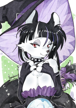 accessory anthro black_clothing black_collar black_hat black_headwear body_fur bow_ribbon breasts claws cleavage clothed clothing collar female fur furgonomics hat hat_ornament headgear headwear orb purple_ribbon red_eyes ribbons smile solo spiked_collar spikes tail tail_accessory tail_bow tail_ornament tail_ribbon white_body white_fur witch_hat nanaeljustice yu-gi-oh! fairy_tail-wiccat duel_monster fairy_tail_(archetype) felid feline mammal absurd_res hi_res
