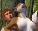 2016 anthro breasts brown_body brown_fur canid canine duo erect_nipples eyes_closed female fox fur hair hattonslayden human human_on_anthro interspecies male male/female mammal nipples nude open_mouth outside plant red_fox red_hair suggestive teeth tree true_fox white_body white_fur