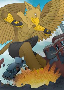 5_fingers abs anthro balls balls_outline beak biceps biped boxer_briefs brown_body building building_destruction bulge city city_background city_destruction claws clothed clothing destruction detailed_background detailed_bulge erection feathered_wings feathers feet finger_claws fingerless_gloves fingers genital_outline genitals gloves handwear humanoid_genitalia landing macro macro_anthro macro_male male muscular muscular_anthro muscular_male nude outside paws pecs penis rampage sky solo stomping tail toe_claws toes underwear vehicle vehicle_destruction wings deanwolfwood mythology carpo avian gryphon mythological_avian mythological_creature hi_res