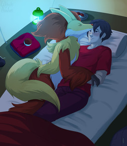 anthro bed blush camping clothed clothing cuddling duo female female_anthro furniture interspecies lamp male male/female male_human nude pokephilia witchofavalon nintendo pokemon delphox generation_6_pokemon human mammal pokemon_(species) hi_res
