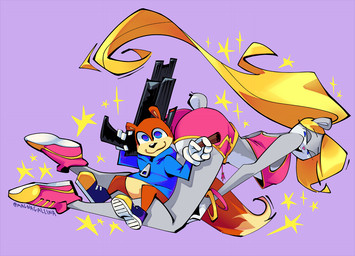 anthro blonde_hair bottomless bottomwear butt cigar clothed clothing duo female gun hair hotpants larger_female looking_at_viewer male ranged_weapon shorts size_difference smaller_male smile smiling_at_viewer sparkles sweater topwear weapon magnagallina conker's_bad_fur_day rareware berri conker chipmunk ground_squirrel mammal rodent sciurid tree_squirrel