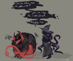 2_horns 4_fingers angry anthro bodily_fluids bottomwear claws clothed clothing crossed_arms crying dialogue duo fingers flower fully_clothed grey_bottomwear grey_clothing grey_pants growling hair hat hat_only headgear headgear_only headwear headwear_only horn long_hair long_tail male mostly_nude neck_tuft pants plant red_claws sad simple_background sitting sitting_on_ground size_difference standing tail talking_to_another tears tentacles text tuft choconoru forsaken_(roblox) roblox azure_(forsaken) guest_666_(forsaken) demon elemental_creature flora_fauna humanoid monster tentacle_creature english_text nonbinary_(lore)