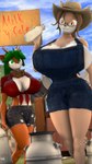 anthro antlers big_breasts breasts buckteeth cleavage clothed clothing duo eyewear farm farmer female glasses green_hair hair horn huge_breasts mature_female milk neck_tuft outside overalls overalls_only revamped_anthros size_difference teeth tuft donglysfm fiona_fawnbags_(dullvivid) tea_tree_(donglysfm) deer mammal 3d_(artwork) 4k 9:16 absurd_res digital_media_(artwork) hi_res source_filmmaker_(artwork)