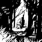 1:1 ambiguous_species anthro black_and_white comic dialogue english_text female forest hi_res hladilnik monochrome plant shadow sitting sitting_on_stump solo text tree tree_stump