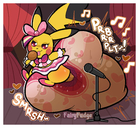 alternative_fashion ambiguous_gender ballet blush border bow_ribbon bow_tie candy clothed clothing cosplay_pikachu_(costume) curtains dance_shoes dancewear dessert diaper dress electronics excessive_feces eyelashes feces food footwear heart_symbol hyper hyper_feces hyper_soiling j-fashion leg_guard_peekage licking_lollipop lolita_(fashion) lollipop looking_at_viewer microphone microphone_stand musical_note musical_symbol performance pink_clothing pink_dress pink_eyes pointe_shoes semi-anthro shoes soiling solo sound_effects stage stage_curtains sweet_lolita symbol text touching_diaper vowelless vowelless_sound_effect wearing_diaper white_border yellow_body fairyfudge nintendo pokemon pikachu_pop_star generation_1_pokemon pikachu pokemon_(species) artist_name digital_media_(artwork)
