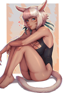 areola areola_slip blue_eyes breasts cheek_markings clothing eyebrows eyelashes facial_markings feet female glistening glistening_body glistening_breasts glistening_skin hair head_markings heart_symbol leotard markings sitting smile solo white_hair evomanaphy final_fantasy final_fantasy_xiv final_fantasy_xiv_(legacy) square_enix y'shtola_rhul animal_humanoid cat_humanoid felid felid_humanoid feline feline_humanoid humanoid mammal mammal_humanoid miqo'te 2026 absurd_res hi_res