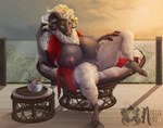 anthro balcony big_breasts bovid breasts caprine champagne_glass clothed clothing cloven_hooves container cup curved_horn detailed_background domestic_sheep drinking_glass ear_piercing ear_tag female fur genitals glass glass_container glass_cup green_eyes hooves horn huge_breasts mammal mature_female neck_tuft nipples noelleneko outside partially_clothed piercing pussy robe sheep sky solo sunset tuft white_body white_fur wool_(fur)
