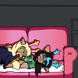 anthro antlers blonde_hair blue_eyes blue_horn duo ear_piercing female female/female freckled_ears freckled_face freckles furniture hair horn inner_ear_fluff lying night piercing sleeping sleeping_on_another sofa tuft tv_glow watching_movie magik_woman deltarune undertale_(series) dess_holiday noelle_holiday deer mammal new_world_deer reindeer sibling_(lore) sister_(lore) sisters_(lore)