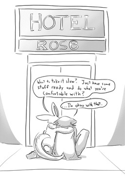 anthro bottomwear clothing coat dialogue door duo female hotel jacket leaning_on_another male muffler pants sidewalk sitting text topwear dragonweirdo beastars haru_(beastars) legoshi_(beastars) canid canine canis lagomorph leporid mammal rabbit wolf absurd_res comic english_text hi_res monochrome