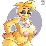 anthro beakless bib big_breasts big_butt black_sclera breasts butt clothing female hand_on_butt machine makeup nipples rosy_cheeks sharp_teeth simple_background smile solo teeth thick_thighs white_eyes yellow_body moonix_xero five_nights_at_freddy's five_nights_at_freddy's_2 scottgames toy_chica_(fnaf) animatronic avian bird chicken galliform gallus_(genus) phasianid robot 1:1 2024 digital_media_(artwork)