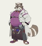 anthro belly big_belly clothed clothing male overweight overweight_male shirt simple_background solo topwear bluecard lifewonders live_a_hero viscunam mammal procyonid raccoon 2022 absurd_res hi_res