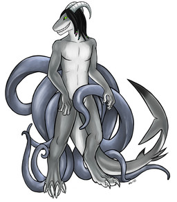 anthro big_tail claws dreadlocks fur grey_body grey_fur horn male simple_background solo tail tentacles white_background noktivus akula_(godzuki) aquatic fish shark