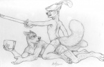 anthro book clothed clothing duo ear_piercing holding_book holding_object lying male melee_weapon on_front piercing pirate pirate_hat sword tail topless underwear weapon rukis luther_denholme mikhail_(rukis) canid canine canis domestic_dog fox mammal 2014 greyscale monochrome sketch