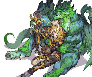 1_missing_limb 3_artificial_limbs amputee anthro beard biceps big_muscles body_hair bulge chest_hair disability duo facial_hair green_hair hair horn male muscular muscular_male pecs simple_background sitting size_difference stump_socket tail white_background jacketbear mythology dragon felid mammal mythological_creature mythological_scalie pantherine scalie tiger 6:5