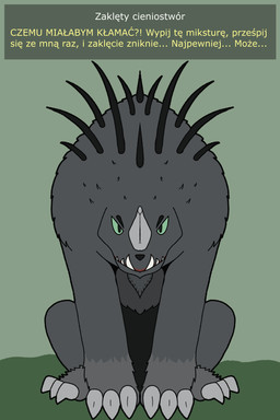 ambiguous_gender asking_for_favor asking_for_help big_feet big_teeth claws crouching dialogue feet feral fur green_eyes grey_body grey_fur horn looking_at_viewer looking_forward question_mark simple_background sitting solo spikes talking_to_viewer text toony lotnik5 gothic_(game) monster shadowbeast 2:3 hi_res polish_text shaded simple_shading