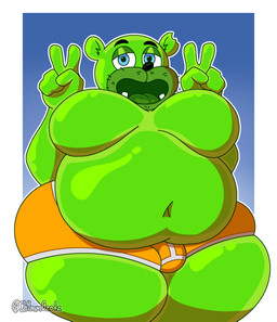 anthro beard belly big_belly big_butt blue_eyes bulge butt candy clothing dessert facial_hair food gesture glistening glistening_body green_body gummy_(food) hand_gesture looking_at_viewer male moobs navel open_mouth overweight overweight_anthro overweight_male smile solo standing thick_thighs underwear v_sign ch4mm0zotz gummybear_and_friends gummibar bear food_creature gummy_creature living_candy mammal absurd_res hi_res