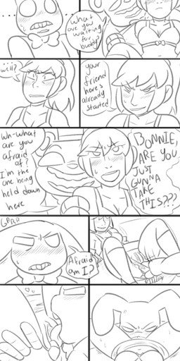 anthro blush breasts clothing crossgender cunnilingus dialogue female genitals group hat headgear headwear machine male oral sex text underwear vaginal vulva unnecessaryfansmut five_nights_at_freddy's five_nights_at_freddy's_2 scottgames jeremy_fitzgerald shadow_bonnie_(fnaf) shadow_freddy_(fnaf) animatronic ghost human mammal robot spirit absurd_res comic english_text hi_res monochrome