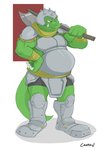 anthro armor axe belly claws clothed clothing finger_claws green_body headgear helmet holding_axe holding_object male melee_weapon muscular muscular_anthro muscular_male shoulder_guards solo tail weapon weapon_on_shoulder white_claws canson feda:_the_emblem_of_justice dan_darlest lizard lizardman reptile scalie full-length_portrait hi_res portrait signature