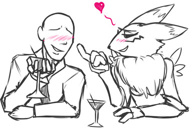 anthro beverage black_sclera blush clothing duo female fur glass heart_symbol male simple_background white_background unknown_artist bandai_namco digimon anon canid canine digimon_(species) human mammal renamon greyscale monochrome
