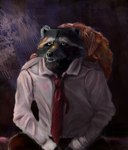 anthro biped black_nose bottomwear clothing fur grey_body grey_fur necktie pants shirt sitting solo topwear kraneo_m tails_noir howard_lotor mammal procyonid raccoon 2021 hi_res