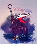 anthro big_breasts big_butt black_body black_eyes bodily_fluids breasts breath butt clothed clothing coin female gem gold_(metal) huge_breasts huge_butt mask nipples sitting solo sweat thong topless torn_clothing underwear weapon wolflance hollow_knight team_cherry hornet_(hollow_knight) arthropod humanoid hi_res