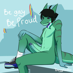 anthro clothing erection exhibitionism footwear footwear_only foreskin genitals horn lgbt_pride looking_at_viewer male mostly_nude muscular nude outside penis pride_colors public public_nudity sitting slim solo stripes derglatte hyoutaru_(character) lizard reptile scalie 1:1 hi_res