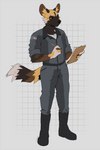 anthro arms_bent athletic big_ears black_nose boots clipboard clothed clothing dual_holding footwear fur fur_markings fuzzy_tail holding_clipboard holding_object holding_pencil holding_writing_utensil jumpsuit male markings multicolored_body multicolored_fur orange_eyes pencil_(object) science_fiction shoes simple_background solo standing straight_legs writing_utensil strayserval fari_paredes african_wild_dog canid canine mammal 2022 hi_res