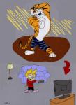 bottomwear clothed clothing countershading duo electronics fur furniture grey_background lamp male multicolored_body multicolored_fur muscular shorts simple_background sofa striped_body striped_fur stripes television white_body white_fur zootopia_shorts unknown_artist calvin_and_hobbes disney zootopia calvin_(calvin_and_hobbes) hobbes tiger_dancer_(zootopia) felid human mammal pantherine tiger absurd_res crossover hi_res