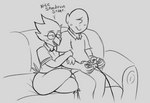 anthro arm_grab arm_hold arm_holding biped blush controller dialogue duo eyewear faceless_character faceless_male gaming glasses male male/male male_anthro male_humanoid nerd text thick_thighs roccorox deltarune undertale_(series) anon berdly avian bird human humanoid mammal english_text monochrome