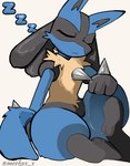 3_fingers ambiguous_anthro ambiguous_gender anthro black_body black_fur black_inner_ear black_legs blue_body blue_ears blue_fur blue_tail cheek_tuft chest_spike eyes_closed facial_tuft fingers front_view fur gloves_(marking) hand_on_leg hand_on_own_leg hand_on_own_thigh hand_on_thigh hand_spike markings multicolored_body multicolored_ears multicolored_fur neck_tuft simple_background sitting sleeping solo sound_effects spikes spikes_(anatomy) tail text thick_thighs tuft vowelless vowelless_sound_effect white_background yellow_body yellow_fur zzz meekax_x nintendo pokemon generation_4_pokemon lucario pokemon_(species) 2025 absurd_res artist_name digital_media_(artwork) hi_res