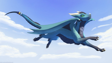 accessory ambiguous_gender arm_feathers back_wings black_pawpads blue_body blue_feathers claws cloud feathers feral flying furgonomics green_eyes head_feathers jewelry markings pawpads pupils ring sky skyscape slit_pupils solo tail tail_accessory tail_feathers tail_jewelry tail_ring white_claws white_markings wings red_the_kitsune mythology dragon mythological_creature mythological_scalie scalie 2026 absurd_res digital_media_(artwork) full-length_portrait hi_res line_art portrait shaded watermark