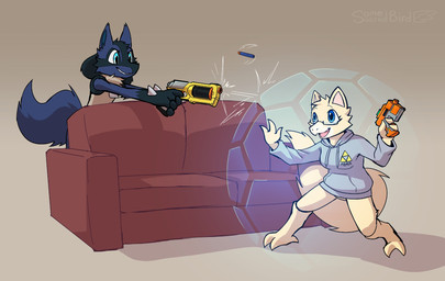 2_toes anthro barefoot clothing duo feet female furniture grey_clothing grey_hoodie grey_topwear hoodie loveseat male male/female shield simple_background sofa tan_background toes topwear toy toy_gun triforce somesacredbird hasbro nerf_(toy) nintendo pokemon the_legend_of_zelda abby_(abra) artomis fan_character abra canid canine generation_1_pokemon generation_4_pokemon lucario mammal pokemon_(species) hi_res