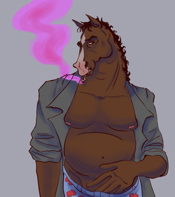 anthro boxers_(clothing) cigarette clothed clothing jacket male mature_male moobs musclegut muscular open_clothing open_jacket open_topwear smoke smoking solo topwear underwear polyaaa96 bojack_horseman netflix bojack_horseman_(character) equid equine horse mammal hi_res